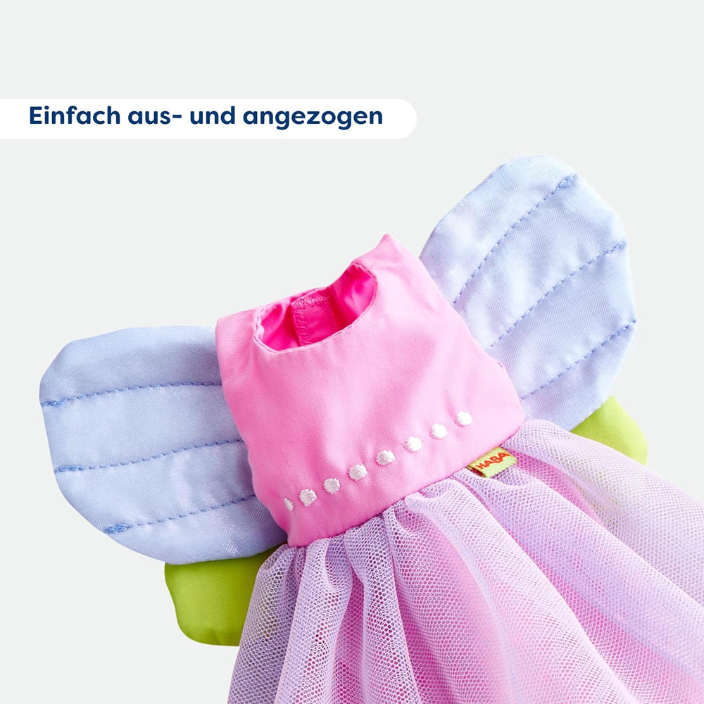 HABA Vêtements de poupée fée magique - Ensemble 2 pièces pour poupées de 18 mois et plus (30 cm) - Robe en tulle avec ailes, bandeau fleuri inclus - 1306243001