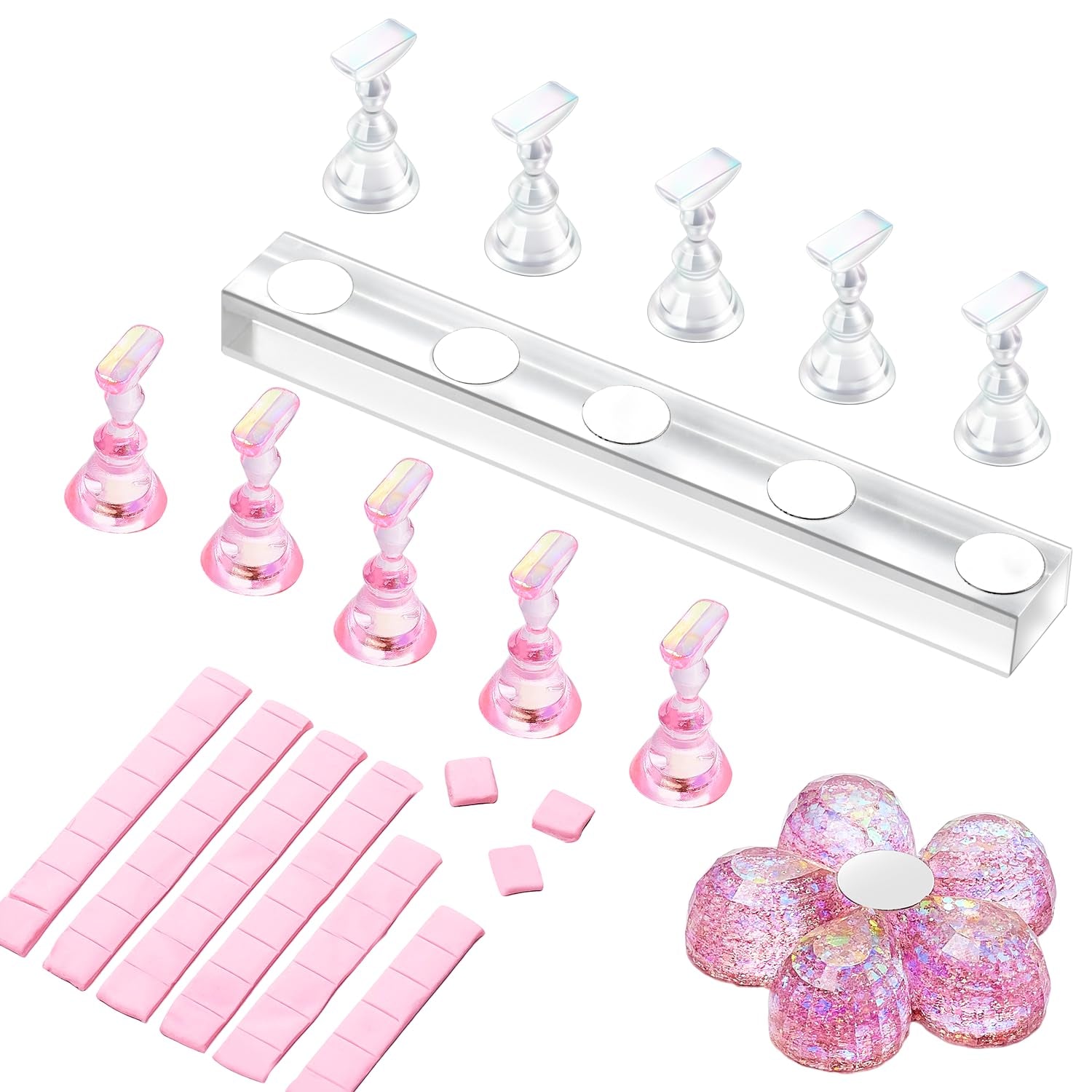 Makartt Porte-ongles en acrylique, Porte-ongles magnétique, Porte-ongles, Porte-ongles rose transparent avec 48 mastics adhésifs