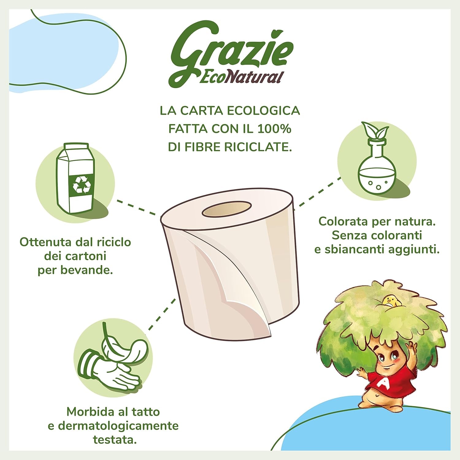Grazie Natural, papier toilette, Maxi Ecol FSC, 48 rouleaux, testé dermatologiquement, papier toilette 100% recyclé, écologique, fabriqué en Italie