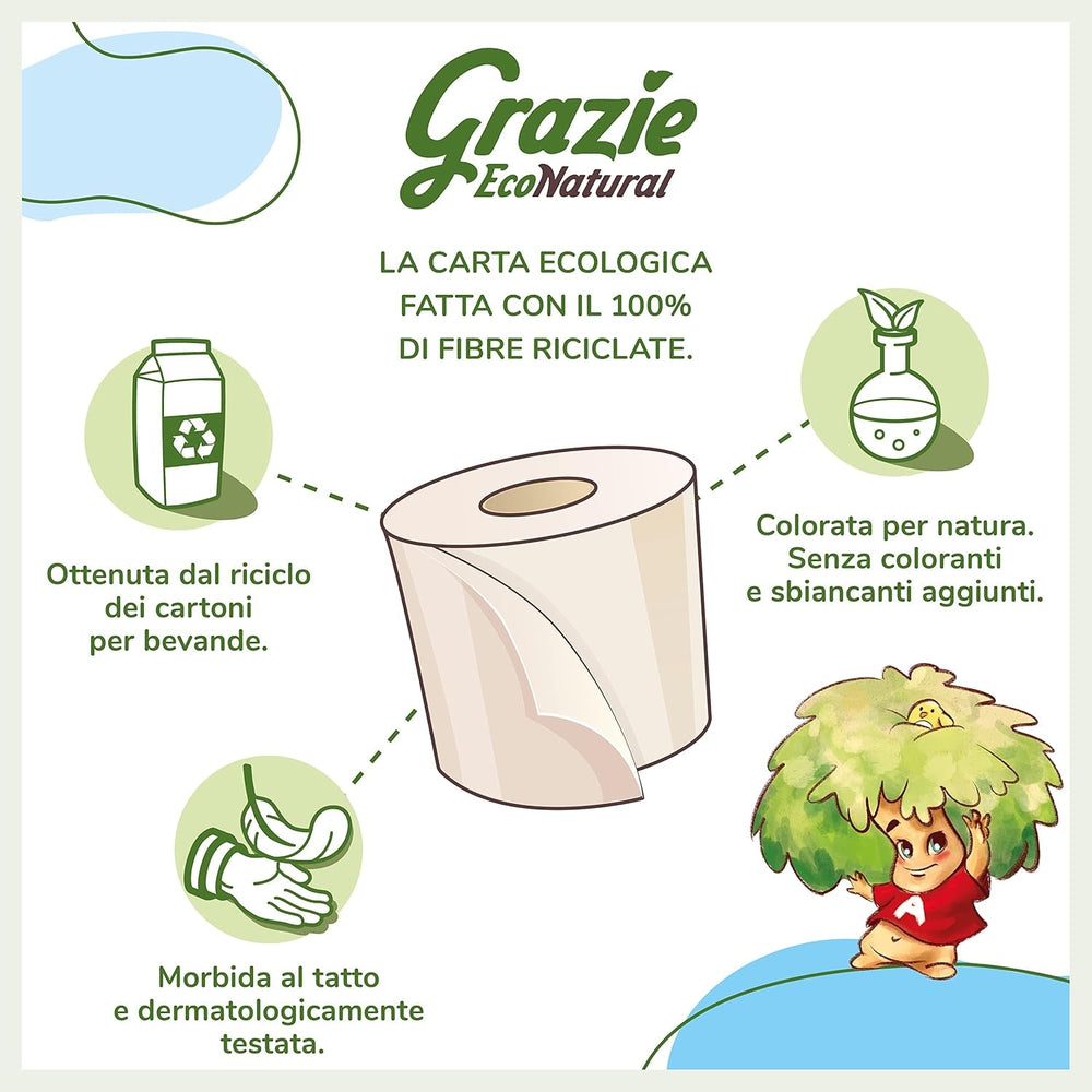 Papier toilette naturel Grazie, Econatural, 56 rouleaux, papier toilette recyclé Fibrepack, 100 % écologique, respectueux de l'environnement, certifié Ecolabel et recyclé FSC, fabriqué en Italie