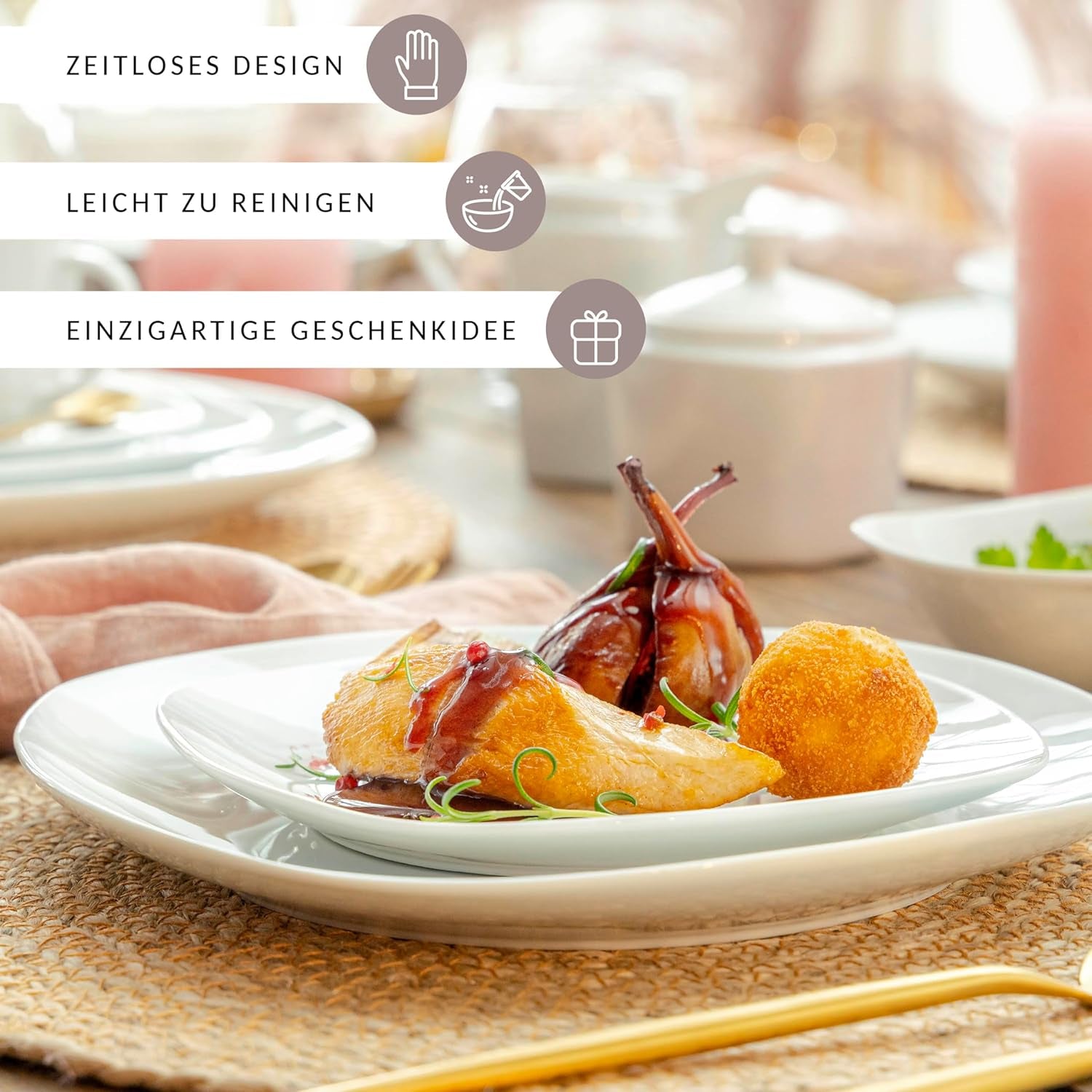 SANGER | Service de table Bilgola blanc, service de table en porcelaine 24 pièces pour 6 personnes, assiettes carrées, assiettes à dîner | LA COLLECTION PREMIUM