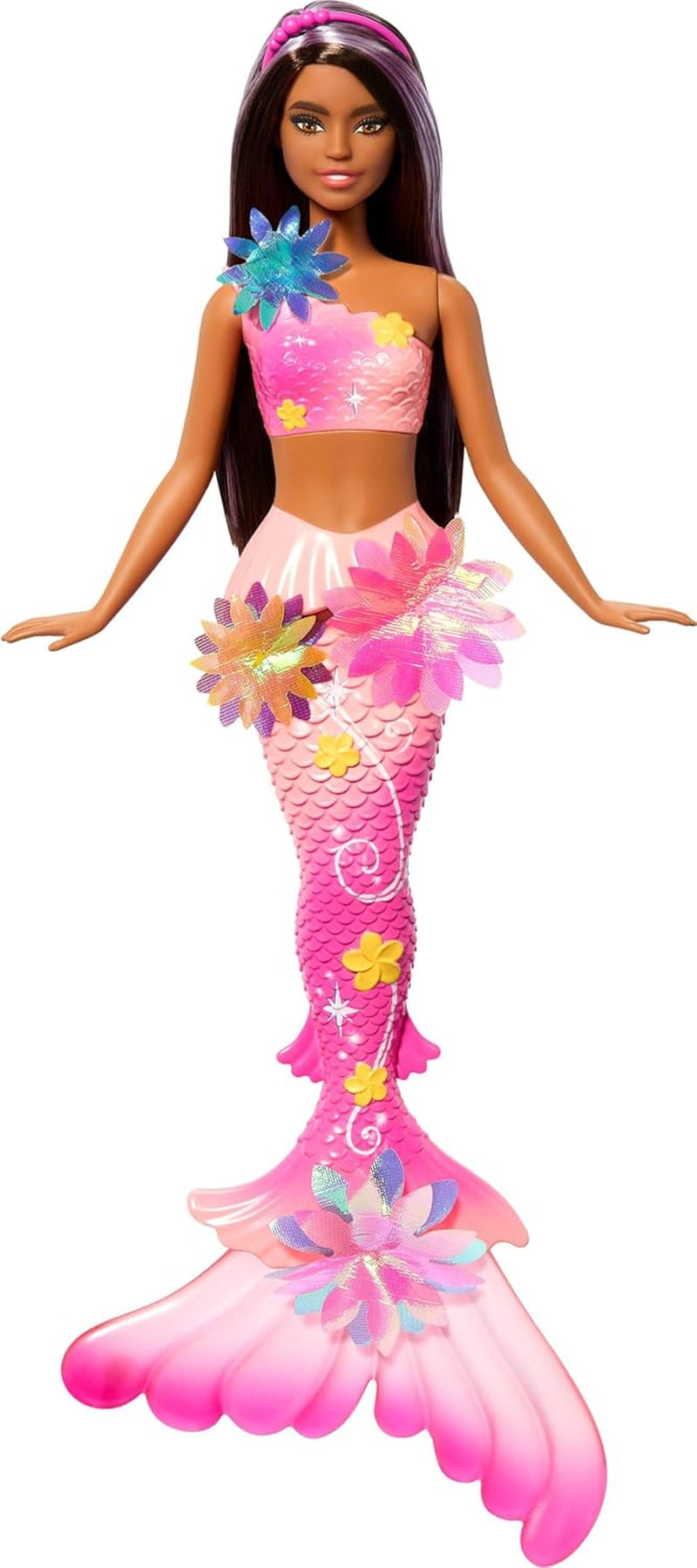 Barbie Meerjungfrauen-Spielzeugpuppe mit magischer Überraschungsblüte, Schwanzflosse mit Farbverlauf, perlenbesetztem Haarreif und langem braunen Haar mit violetten Strähchen, JDM73
