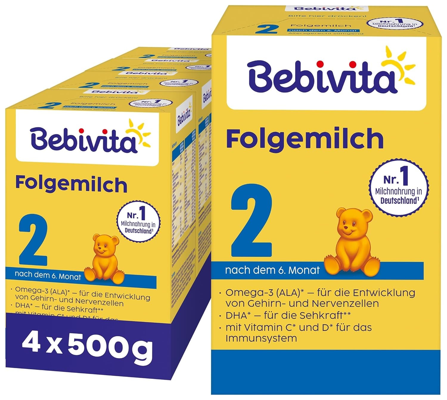 2 Folgemilch (4 x 500g), par 6. Monat, avec Vitamine C et D, Oméga-3 (DHA), modifiés sättigend