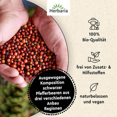 Herbaria Trio Noir bio 75g M-Dose – Bio Pfeffer schwarz ganz – ganze Pfefferbeeren – schwarze Pfeffermischung aus biologischem Anbau von trois verschiedenen Regionen - in nachhaltiger Aromaschutz-Dose