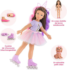Corolle 9000600030 - Girls Luna Einhorn Set, Ankleidepuppe im Sommeroutfit mit Hund, mit Haarband, Ohrringe et extra Gummistiefel, 28cm Spielpuppe mit Vanilleduft, à partir de 4 ans