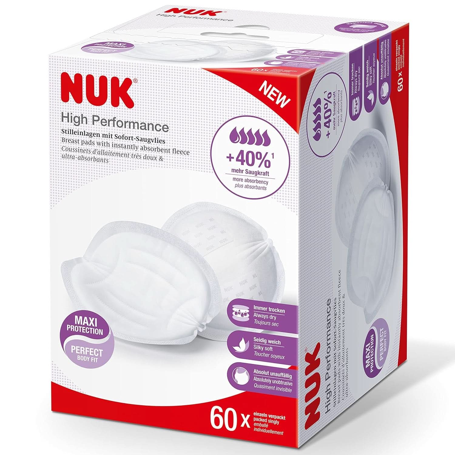 NUK High-Performance Einweg-Stilleinlagen Mit Sofort-Saugvlies | Einlagen Zum Stillen | Emballage individuel | +40 % de puissance d'aspiration en plus | 60 Stück Aliments pour bébés et accessoires d'allaitement Naty Shop