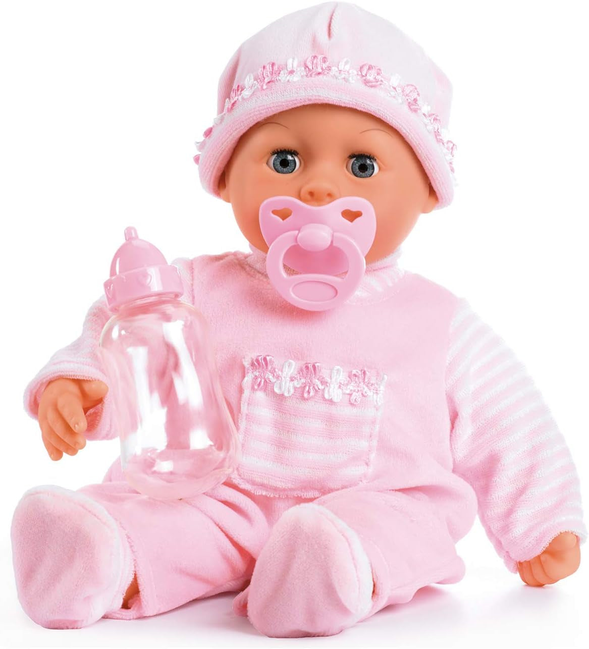Bayer Design 93800-pink 93825AA Babypuppe First Words, Schlafaugen, spricht 24 Babylaute, weicher Körper, mit Schnuller und Flasche, 38 cm, rose