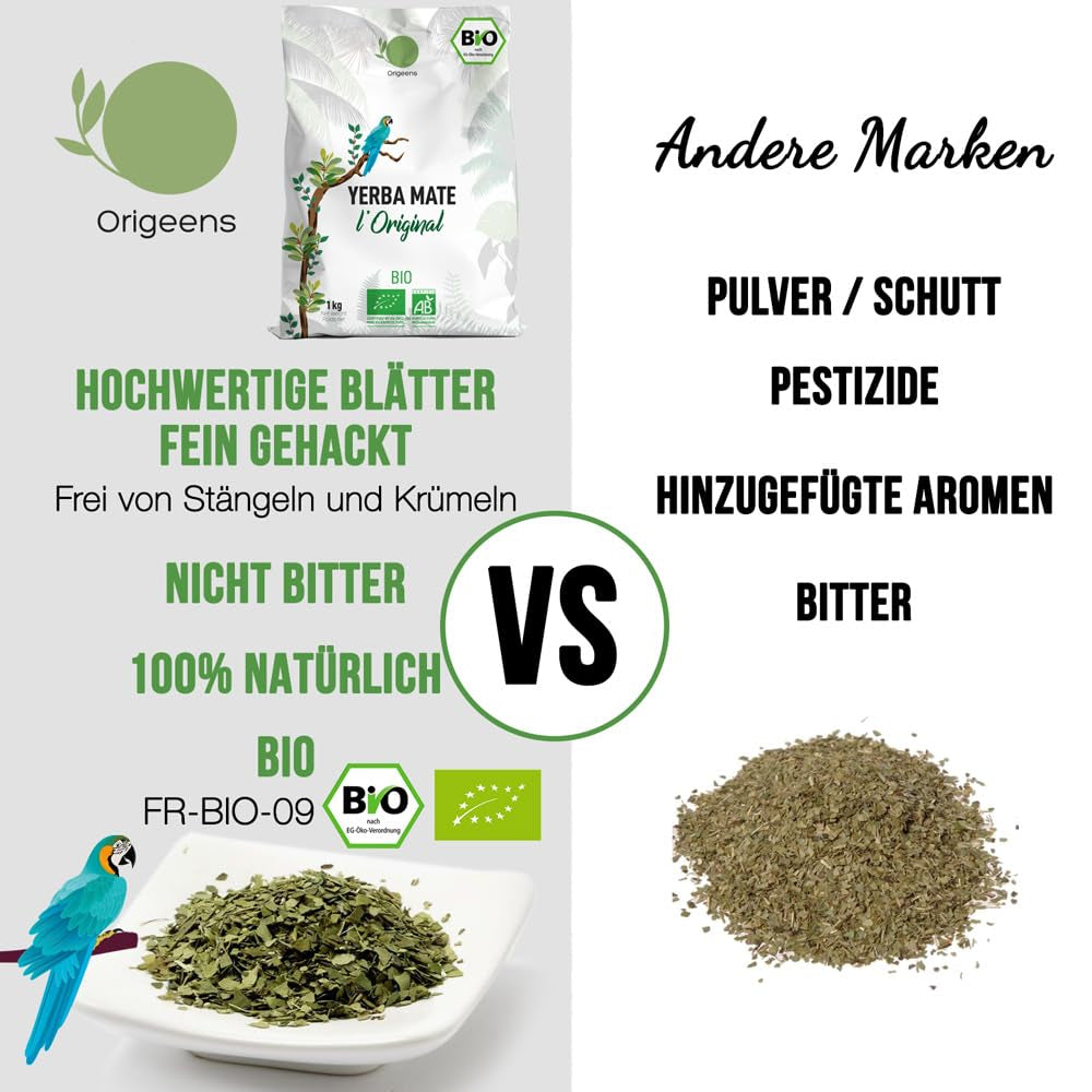 ORIGEENS BIO YERBA MATE TEA 1 KG - L'Original I Non torréfié, sans feuilles, sans tiges, sans poussière et sans miettes I Boisson énergisante et détoxifiante