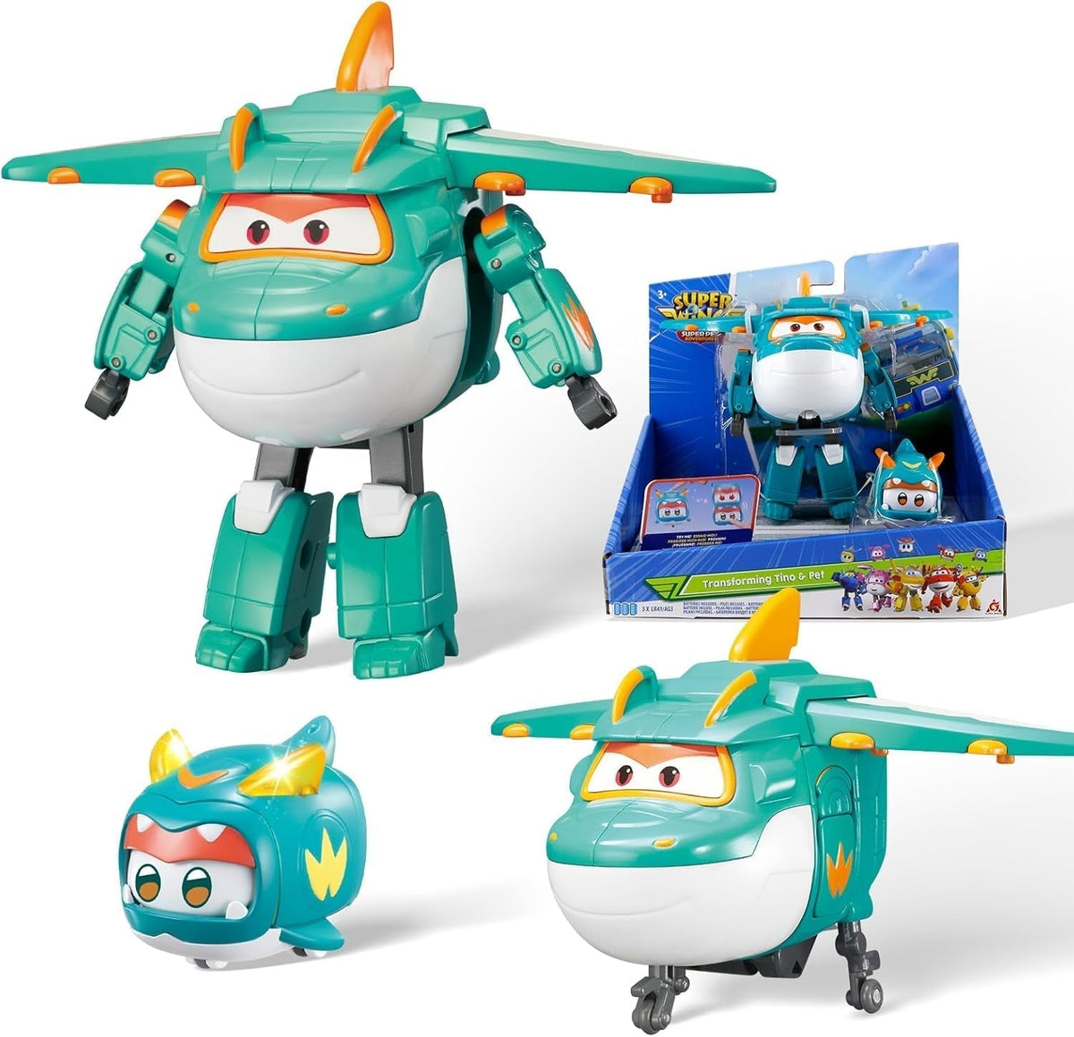 Super Wings EU770447 - Transforming Tino & Pet, figurine jouet transformable env. 14,5 cm et animal mesurant env. 4,3 cm, pour les enfants de plus de 3 ans Figurines Naty Shop Tino