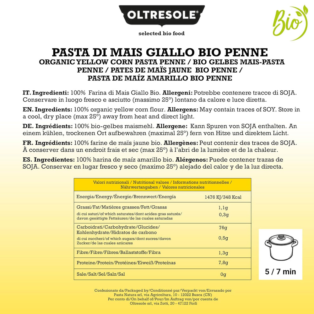 Pasta di Mais Giallo Biologica Italiana Gluten Free, Formato Penne - pâtes sans gluten, 100% farine de mais giallo biologique, végétalienne, confection de 3 paquets de 350 g