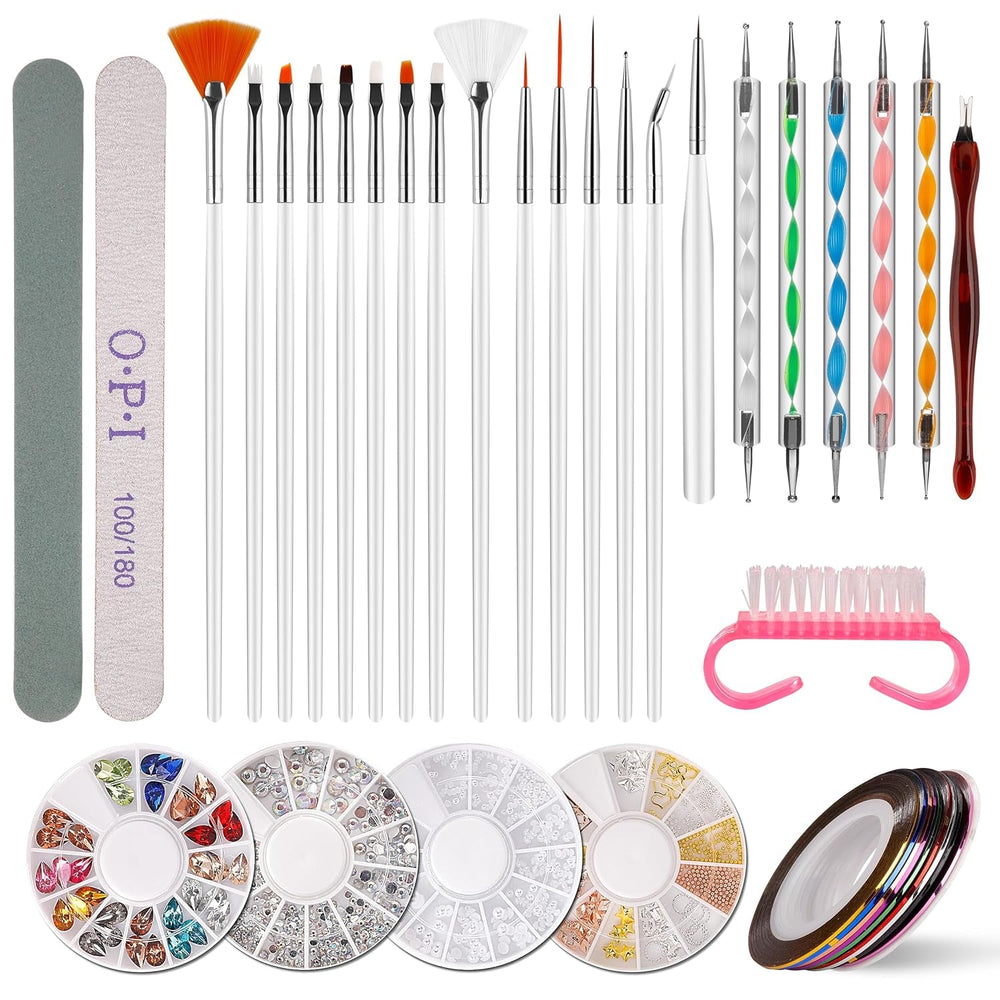 Nail Art Dekorationen & Nagelpinsel Set, Nageldesign Zubehör, Nagelset 5 Stk 2 Wege Punktierung Stift, 15 Malerei Polnisch Pinsel Set, 10 Streifenband, 4 Boxen Bunte Nagel Strass Dekoration