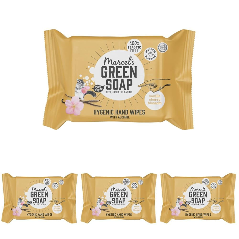 Paquet de 60 lingettes humides pour les mains au savon vert Marcel's - Vanille et fleur de cerisier - À base de plantes - Biologique