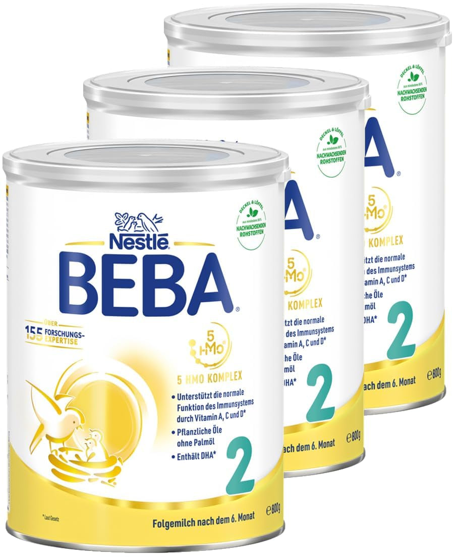 BEBA 2 - Lait de suite après 6 mois, avec complexe 5 HMO, teneur en protéines adaptée à l'âge, sans lactose, sans huile de palme, sans huile de poisson, nourriture pour bébé, lait en poudre pour bébé, lot de 3 (3 x 800 g)