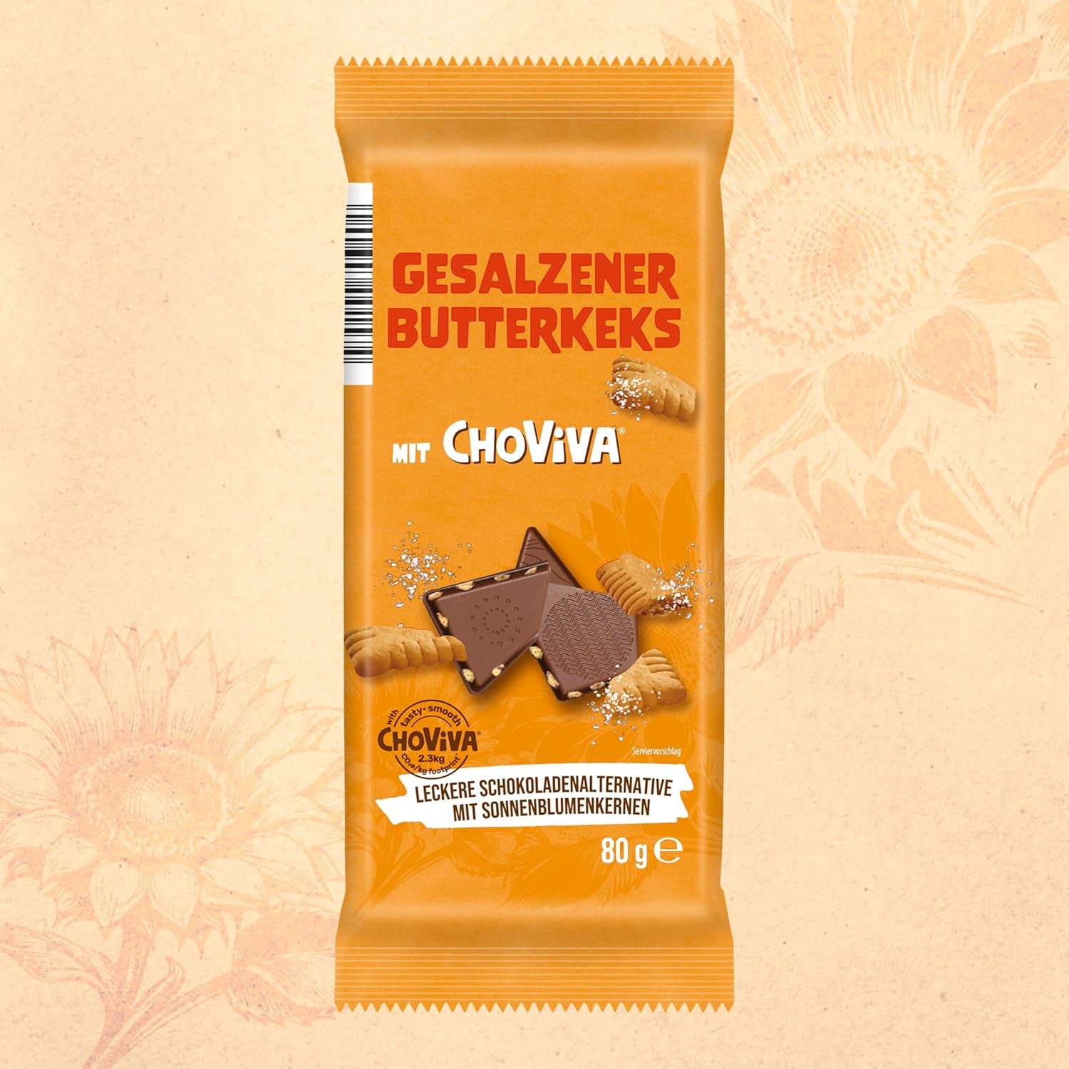Biscuits au Beurre Salé et ChoViva, barre de 80g, à base de chocolat alternatif aux graines de tournesol