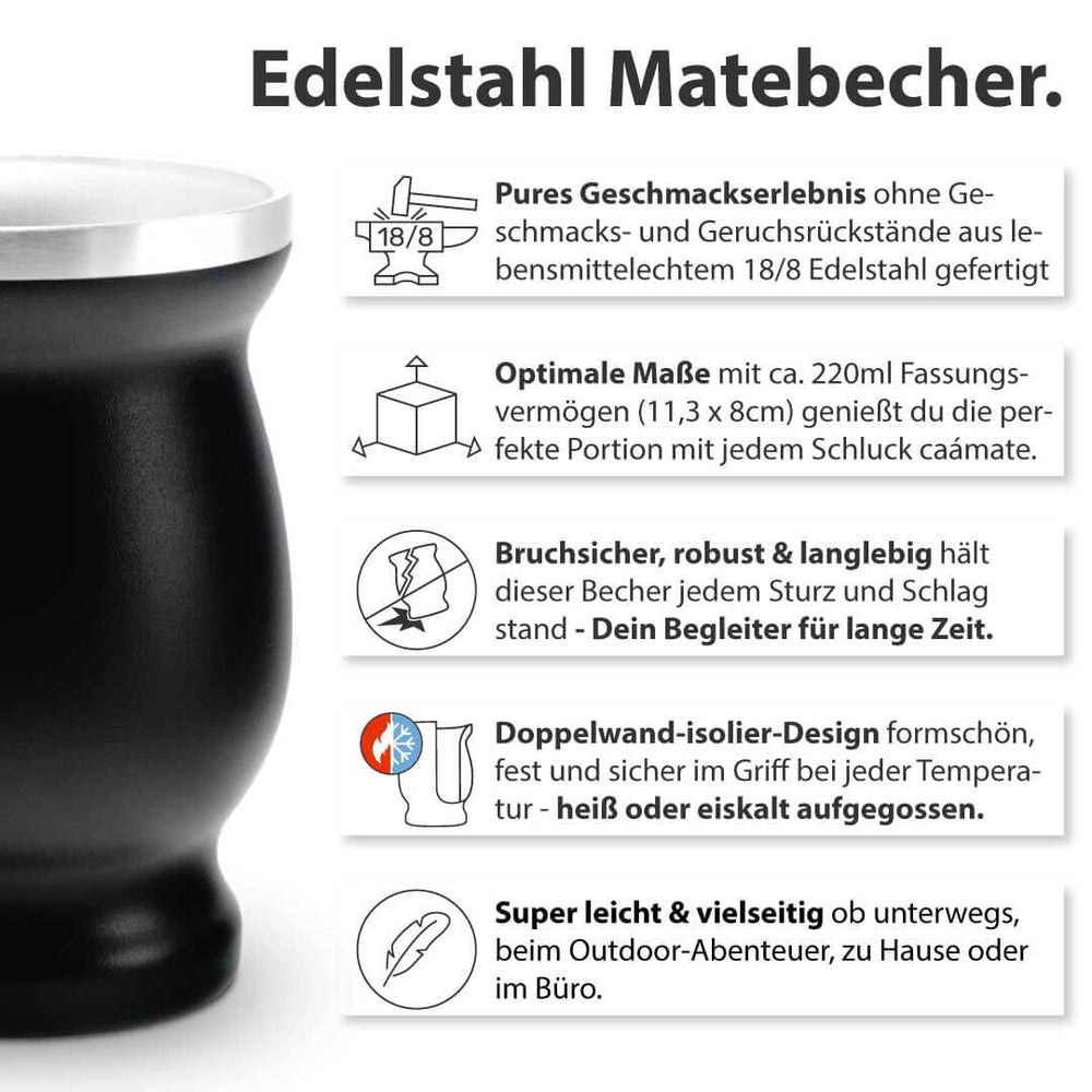 Service à thé Mate Bio ● 3 assortiments de Mate + Mug Mate en acier inoxydable à double paroi + Bombilla + Instructions de préparation (Noir)