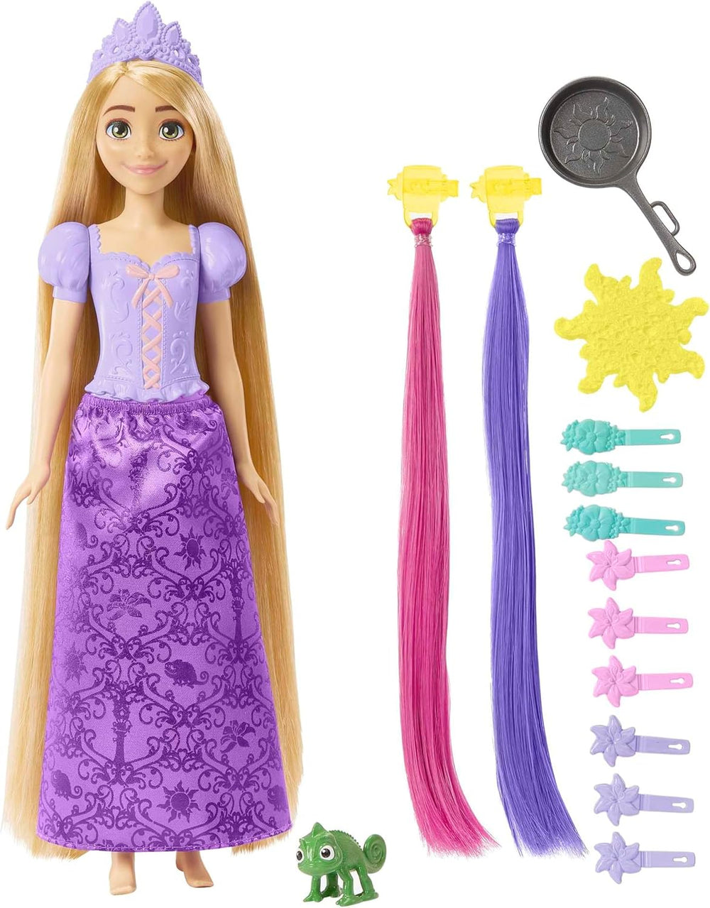 Disney Prinzessin-Spielzeug, Rapunzel-Puppe mit Haarverlängerungen mit Farbwechseleffekt und Hair-Styling-Zubehör, inspiriert vom Disney-Film
