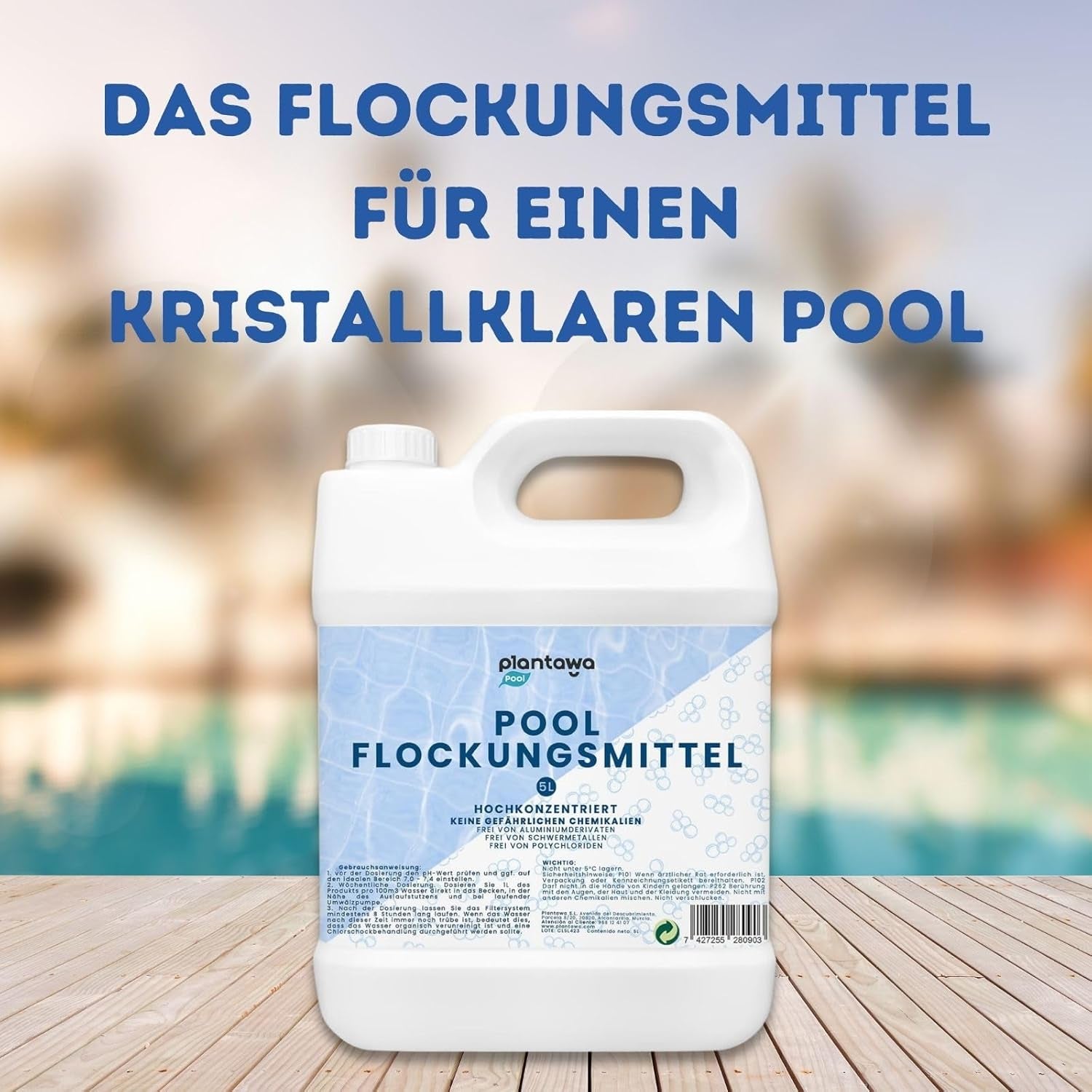 Floculant pentru piscină 5L | Floculant pentru piscină pentru apă cristalină | Foarte concentrat și economic | Potrivit pentru toate sistemele de filtrare | Fără aditivi nocivi
