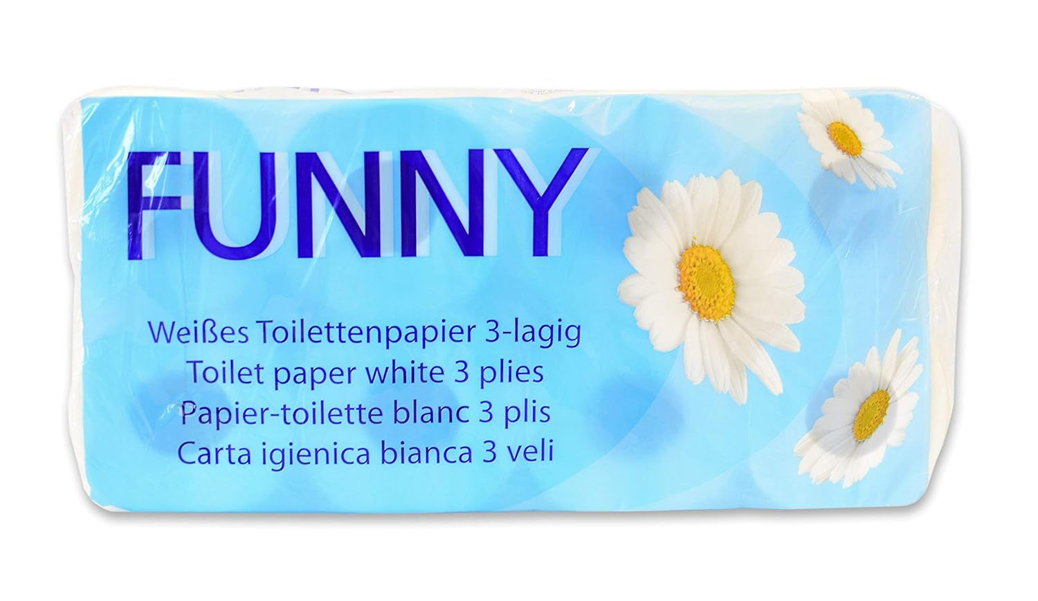 Papier toilette amusant AG-014, 3 épaisseurs, 250 feuilles, 9,5 cm x 11 cm, blanc, paquet unique de 8 rouleaux