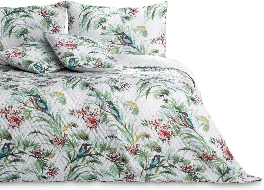 Ameliahome Cuvertură de pat Cuvertură de pat 260X280 Cm Două fețe Easy Care Quilting Model de plante Model de păsări Multicolor Kingfisher Paturi si Cuverturi Besuche den AmeliaHome-Store Kingfisher 260 X 280