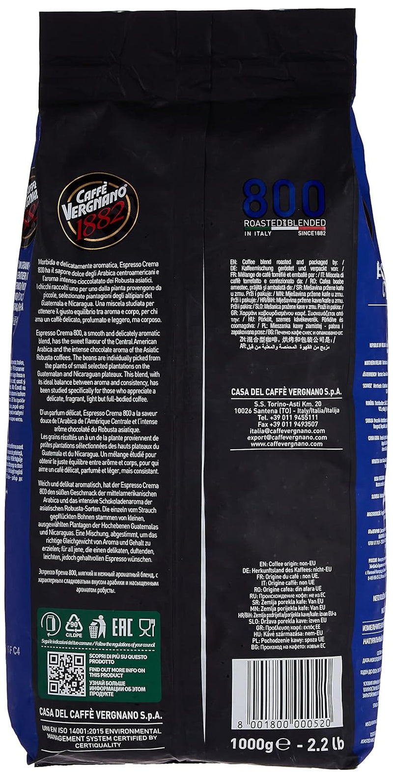 Vergnano Crema 800, Espresso ganze Bohne, zart und vollmundig, 1000 g