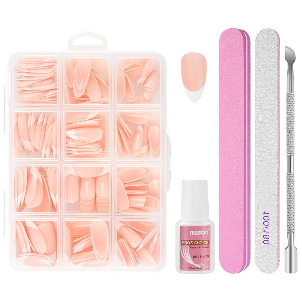 Lot de 240 faux ongles à pression française, 12 tailles, faux ongles avec colle pour femmes et hommes (blanc nu amande moyenne)