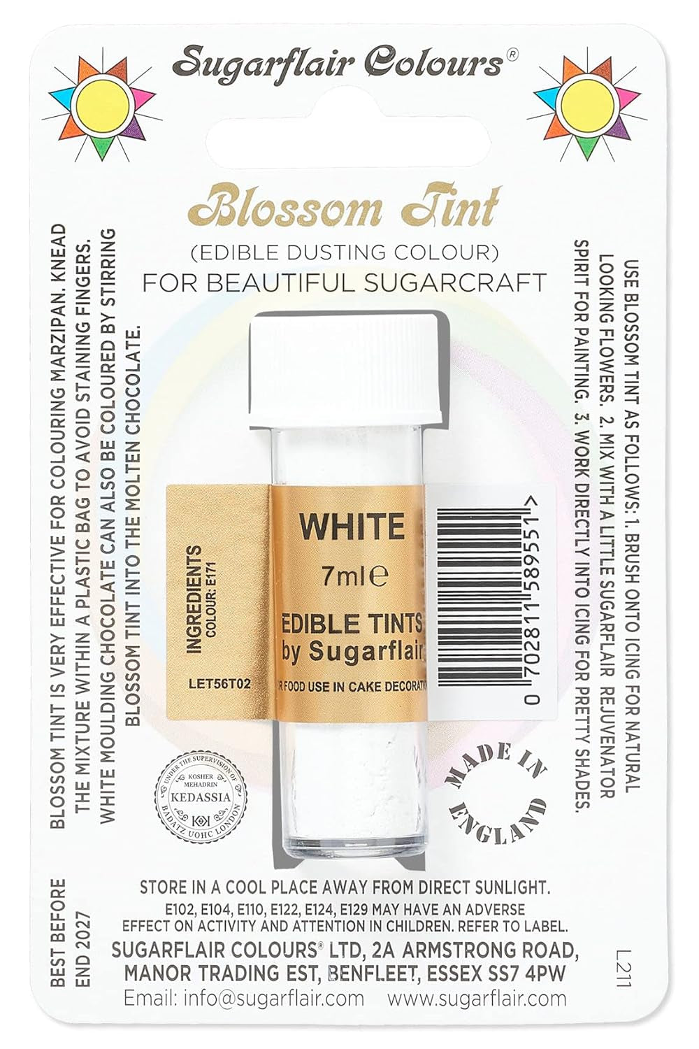 Colorant alimentaire en poudre Sugarflair Blossom Tint Dusting, blanc - Colorant alimentaire en poudre pour décorer pâte à sucre colorée, fondant, glaçage, chocolat, crème au beurre, macarons - 7 ml