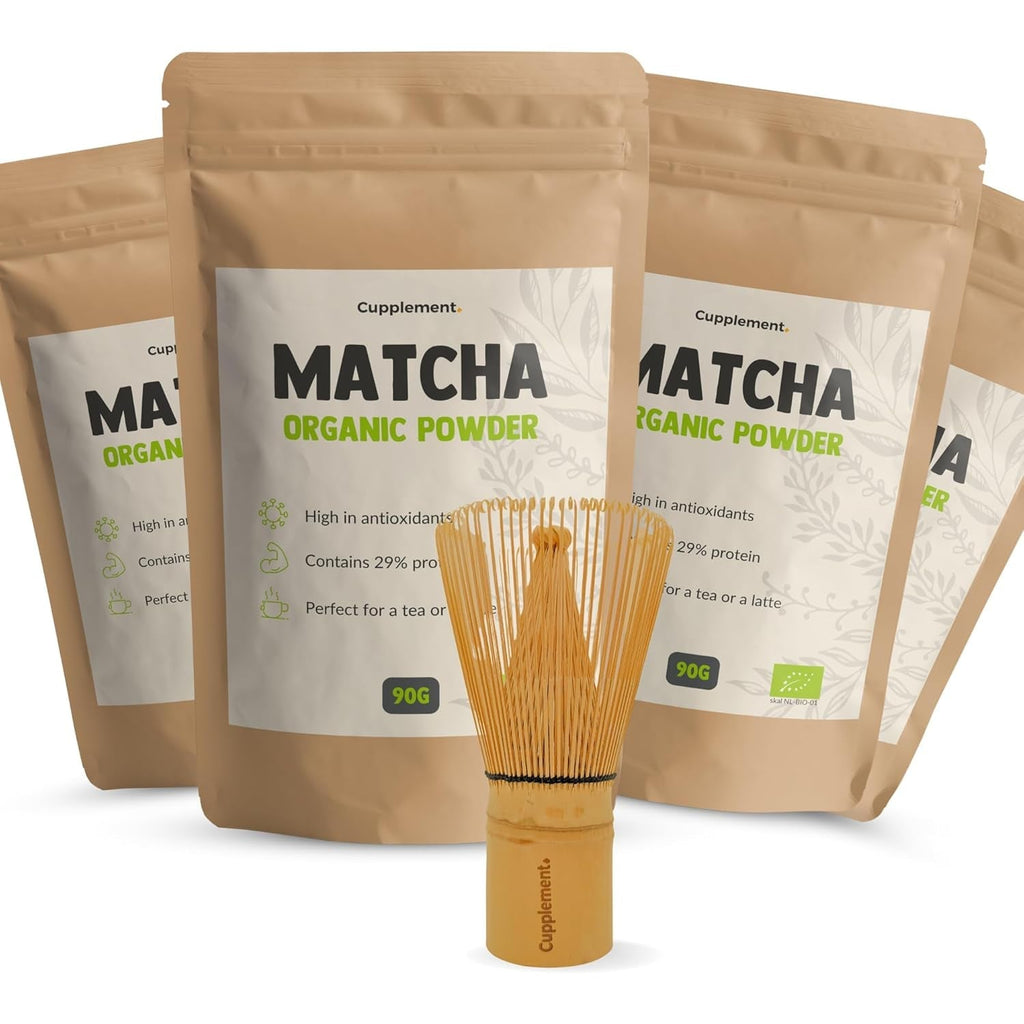 Cupplement Matcha 90 grame bio - Ceai verde pudră de cea mai înaltă calitate - Fără bătător de bambus și tel - Culunary - Set pentru începători - Latte - Bătător - Japonia - Pudră - Ceai - Tel - Pungă - Smoothie