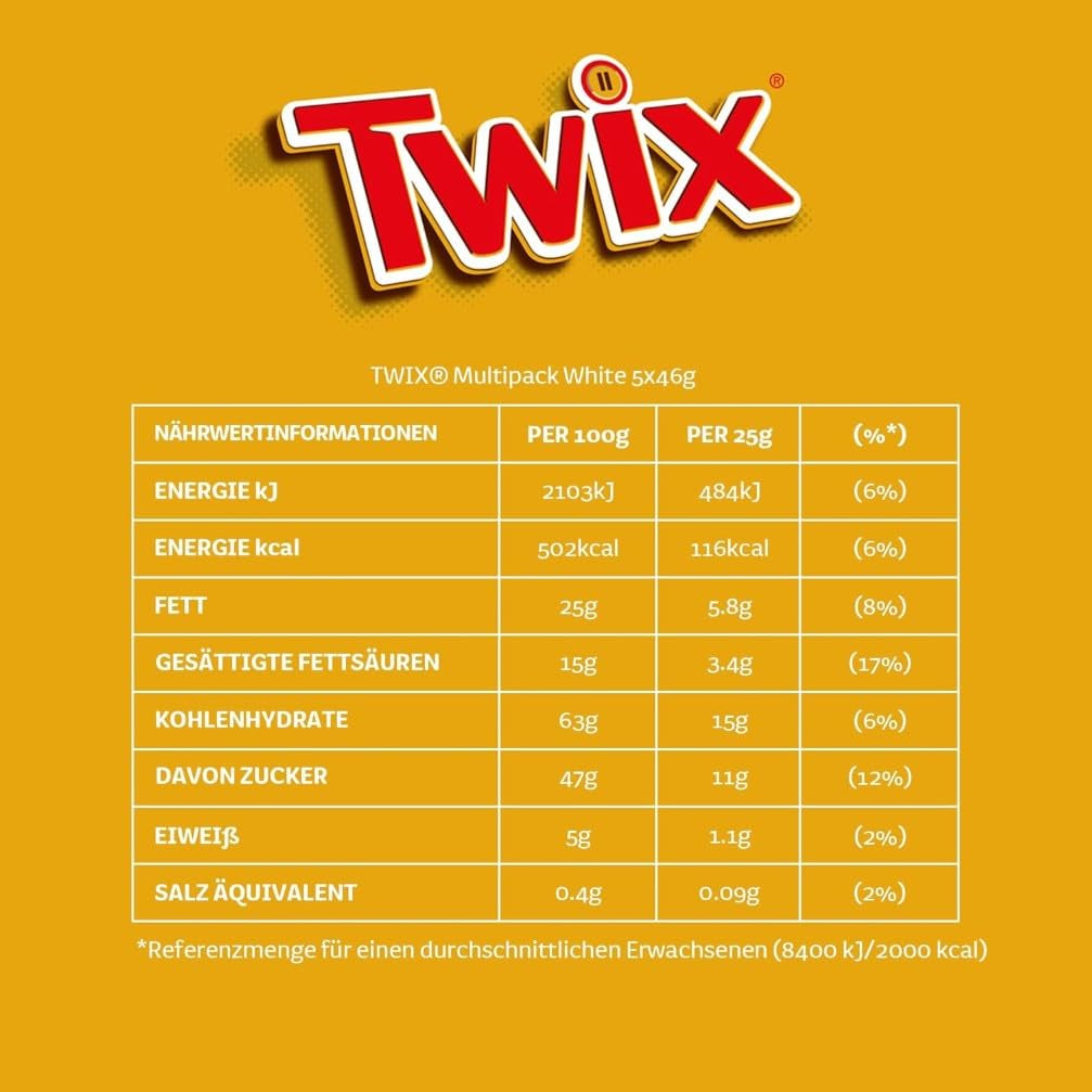 Barres de chocolat blanc Twix ; caramel, biscuits, chocolat blanc ; plusieurs paquets de chocolats ; 5 barres (5 x 46 g)