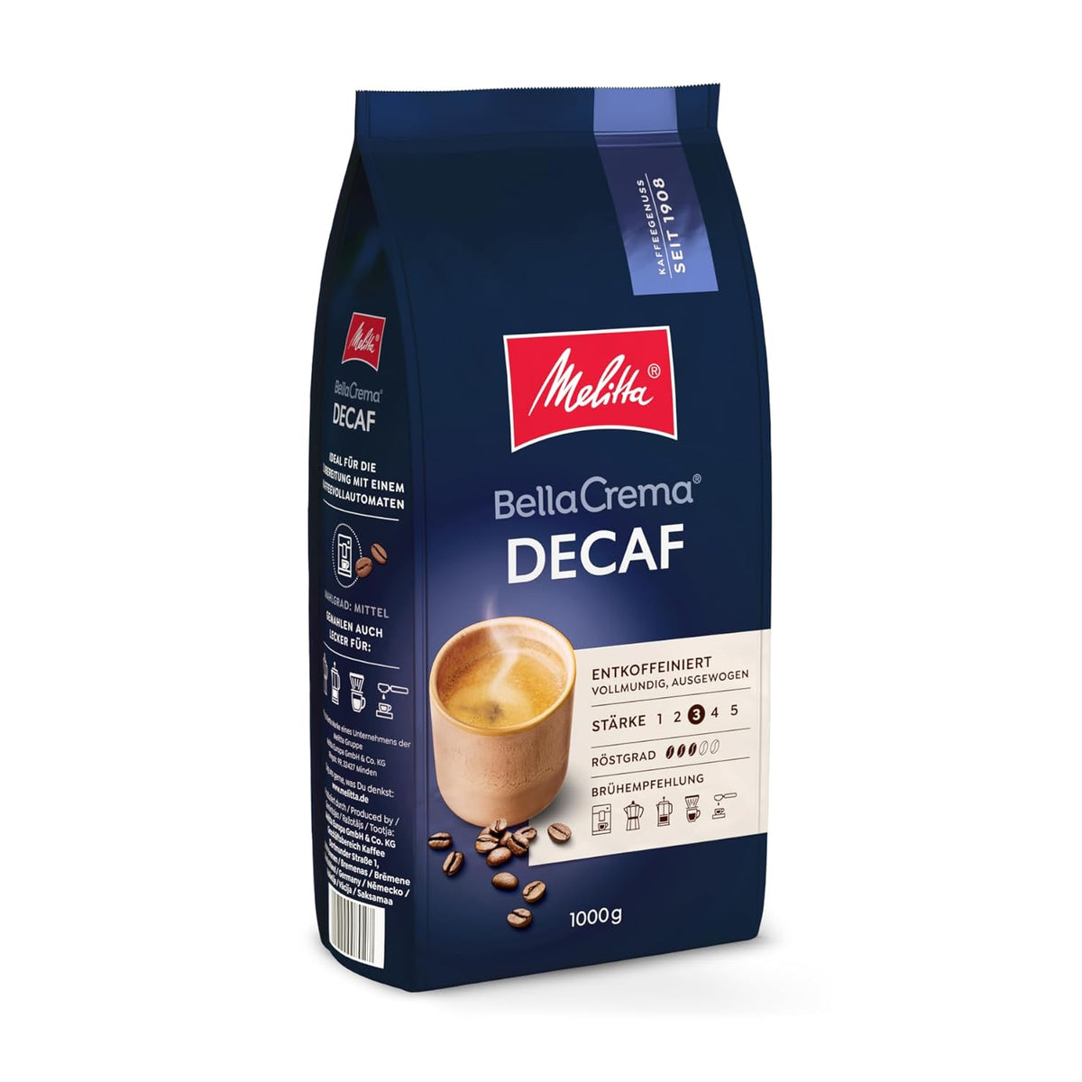 Melitta BellaCrema Decaf Ganze Kaffee-Bohnen entkoffeiniert 1kg, ungemahlen, Kaffeebohnen für Kaffee-Vollutomat, keaffeinfrei, milde Röstung, geröstet in Deutschland, Stärke 3