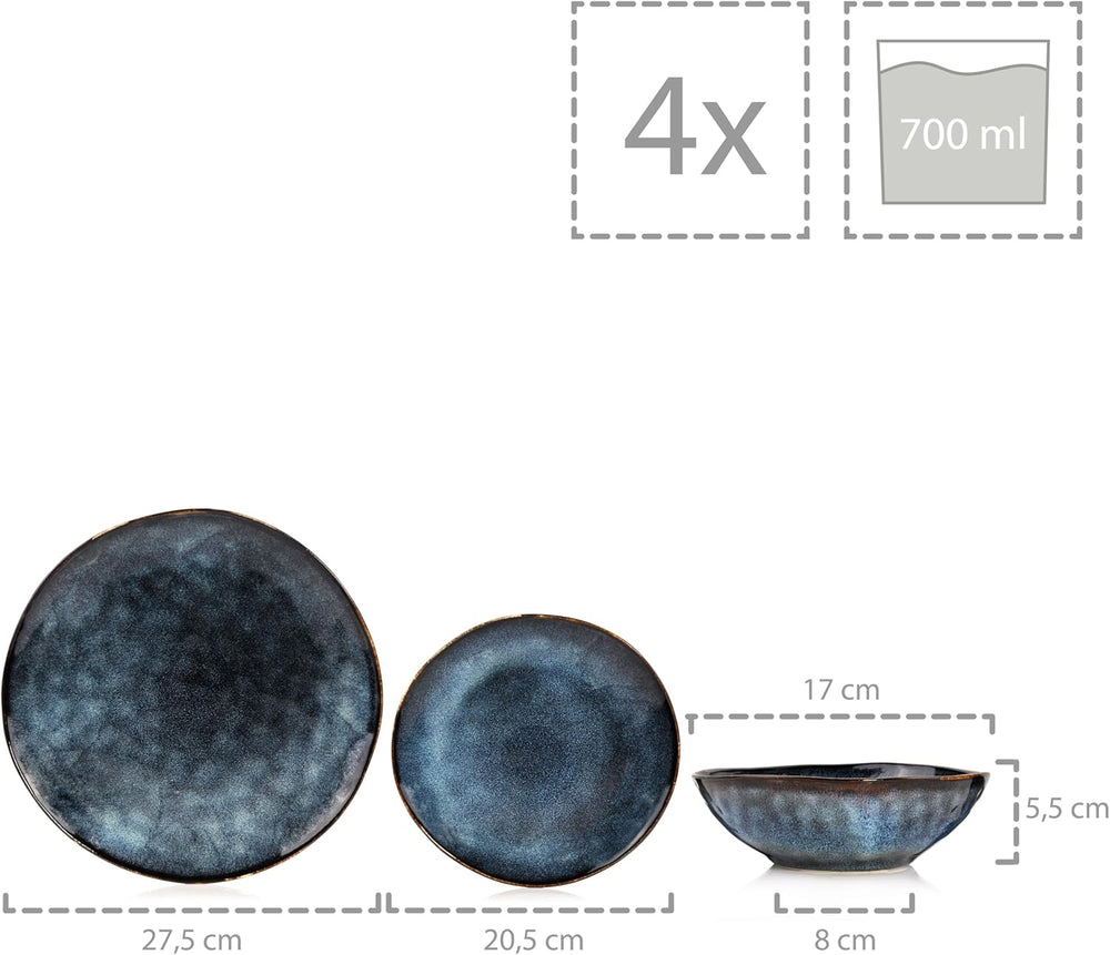 SANGER | Service de table Tokyo Service de table 12 pièces en grès pour 4 personnes comprenant des assiettes plates, des assiettes à dessert et des bols, bleu foncé avec des accents noirs | LA COLLECTION PREMIUM