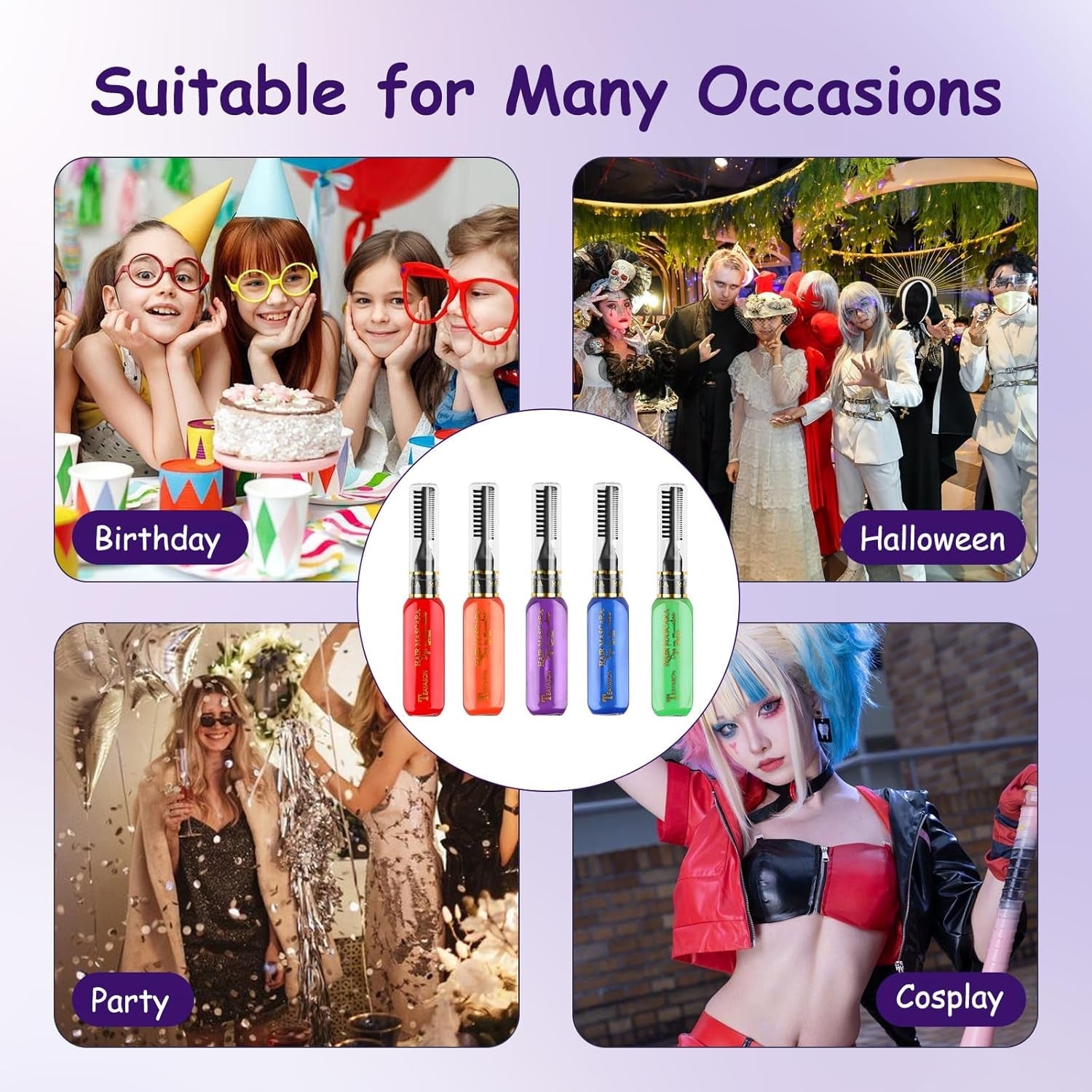 5 couleurs de teinture capillaire temporaire Cire colorée pour cheveux Mascara pour teinture capillaire temporaire pour filles et femmes Craie de teinture capillaire lavable Convient pour les anniversaires Cosplay DIY Halloween Coloration capillaire Naty Shop