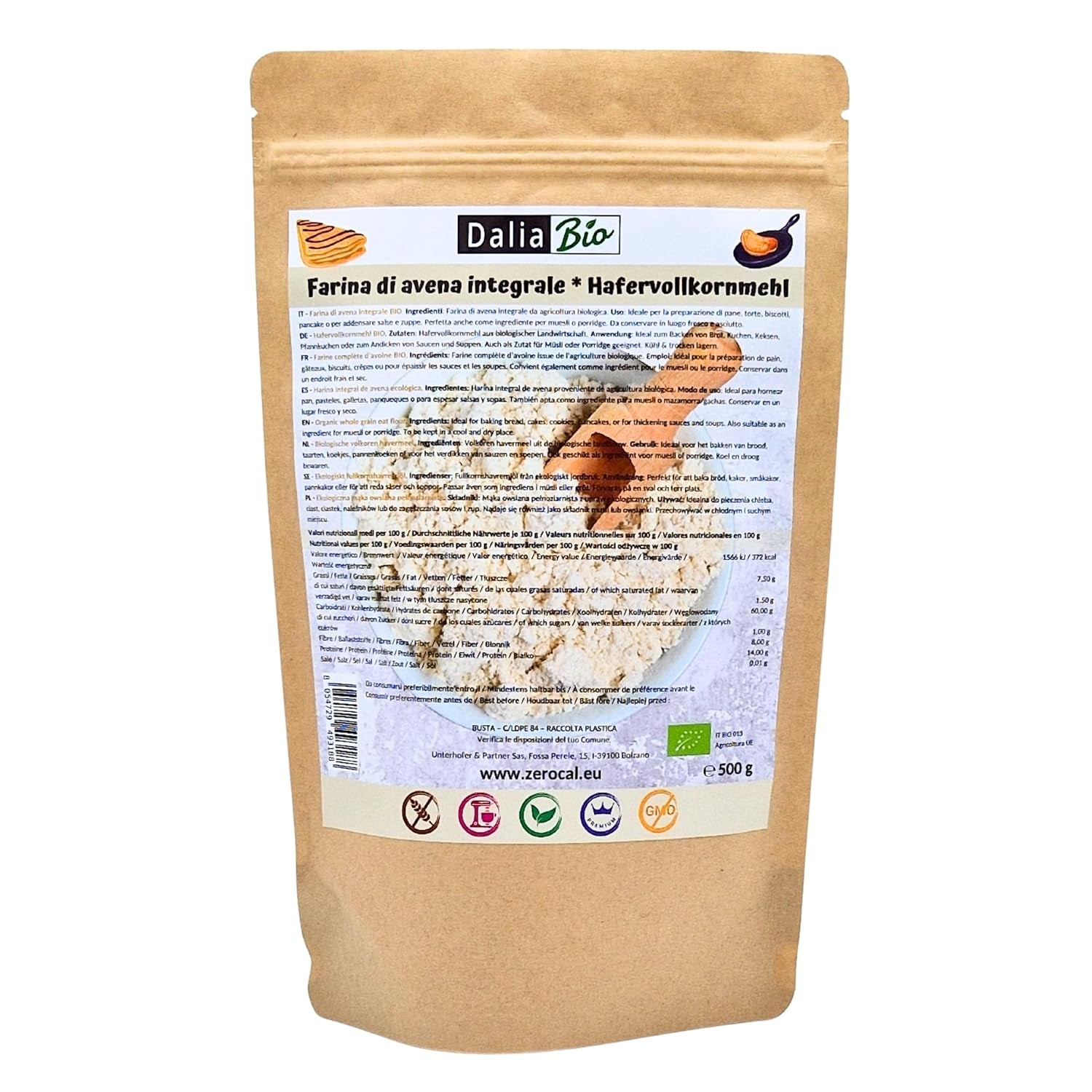 Dalia - Farine d'avoine entière bio 500g | Sans gluten | Riche en fibres et protéines Origine : Italie | Pour le pain, les gâteaux, le porridge et les recettes fitness | Qualité supérieure