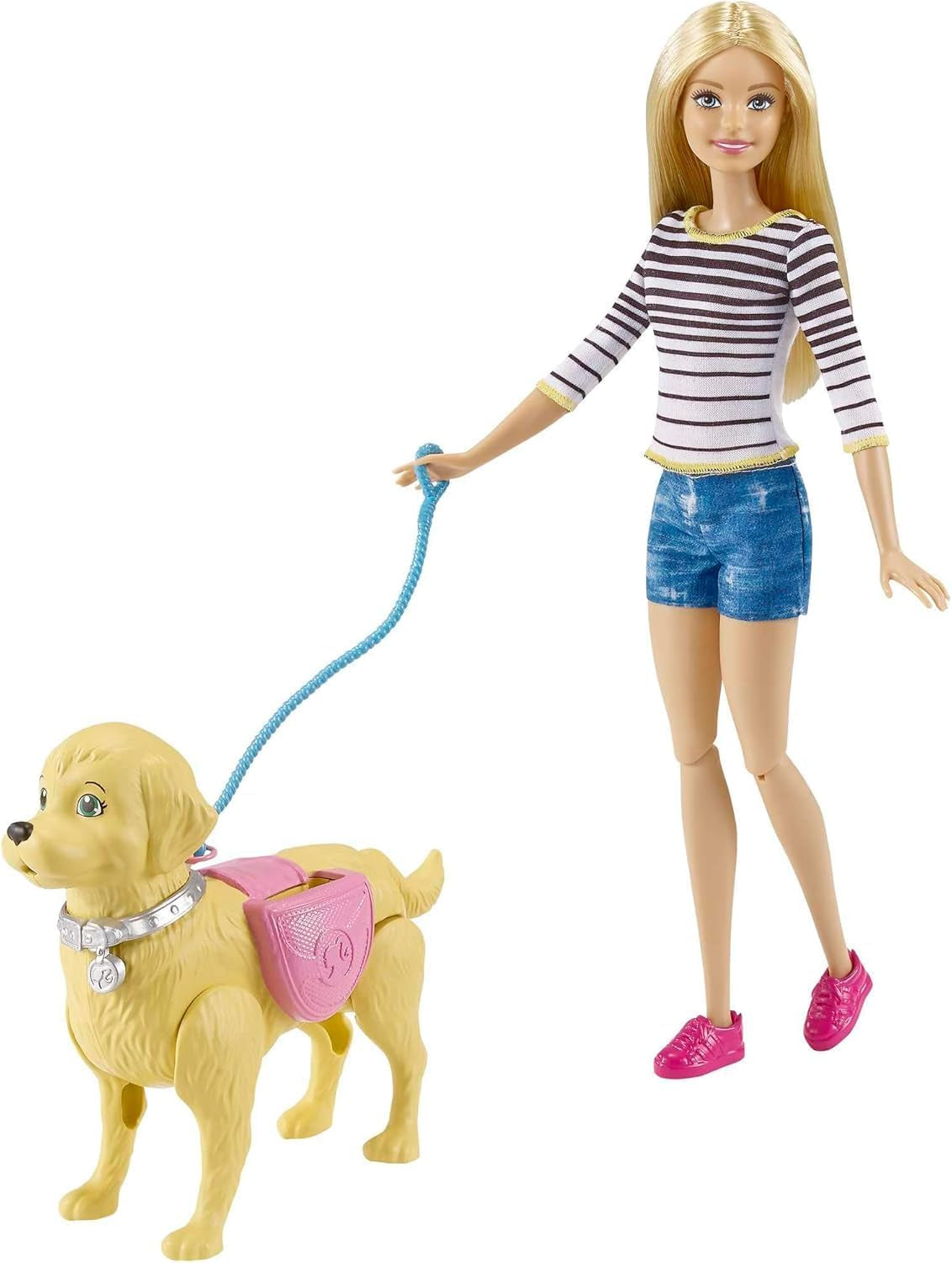 Poupée Barbie Walk and Potty, poupée blonde avec chien qui marche, cuillère à crottes, accessoires dont chien de poupée, cadeau pour enfants, jouet à partir de 3 ans, DWJ68