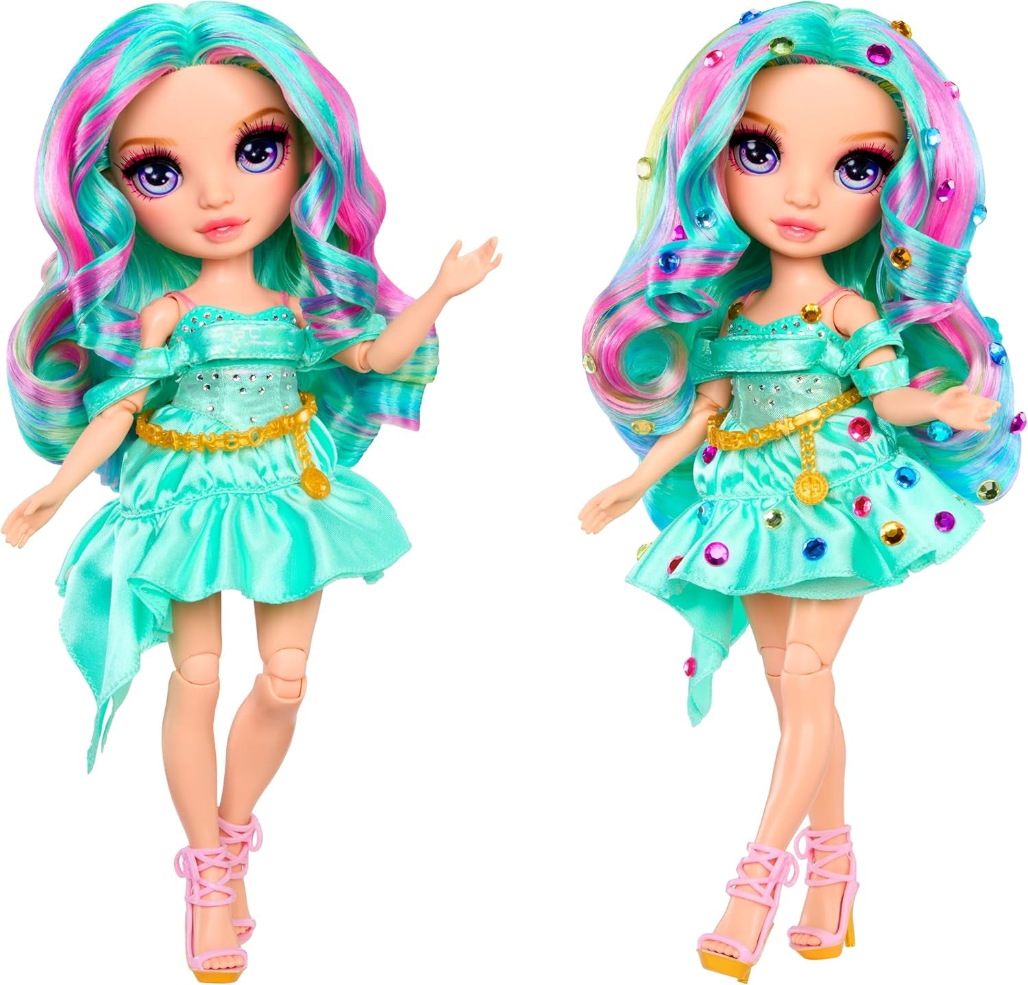 Poupée mannequin Rainbow High Be Dazzling - Celine Turquoise - Bleu-Vert, 28 cm, avec outil de décoration, pierres scintillantes et accessoires de coiffure