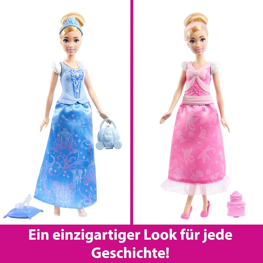 Poupée mannequin Mattel Disney Princess Toys Cendrillon avec 2 tenues, 9 accessoires, 2 hauts avec clips et 2 jupes. Histoires 2 en 1 inspirées du film Disney, JCR95