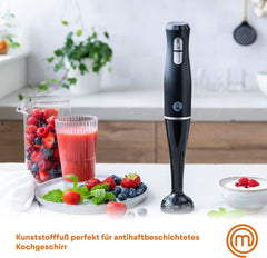 Masterchef Stabmixer, Pürierstab Mit Spritzschutz, Zauberstab Küchengerät, Elektrische Mixstab Hand Blender Mit 2 Speeds, Eintauchfunktion, Spülmaschinenfeste Komponenten, 200W, Schwarz Kitchen Naty Shop