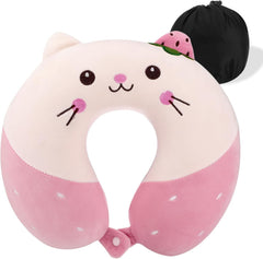 Litimkat Oreiller cervical pour enfants, oreiller de voyage portable, oreiller en mousse à mémoire de forme en forme de U, voyage, avion, voiture, train, bureau, maison, motif animal mignon, housse de coussin amovible (rose) Oreillers orthopédiques cervicaux Naty Shop Rose