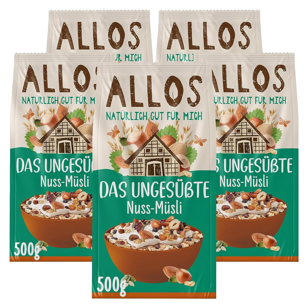 Allos muesli protéiné non sucré | Muesli biologique | Gruau | Céréales pour le petit déjeuner | Vegan (5 x 450g), 1 pièce (paquet de 5)