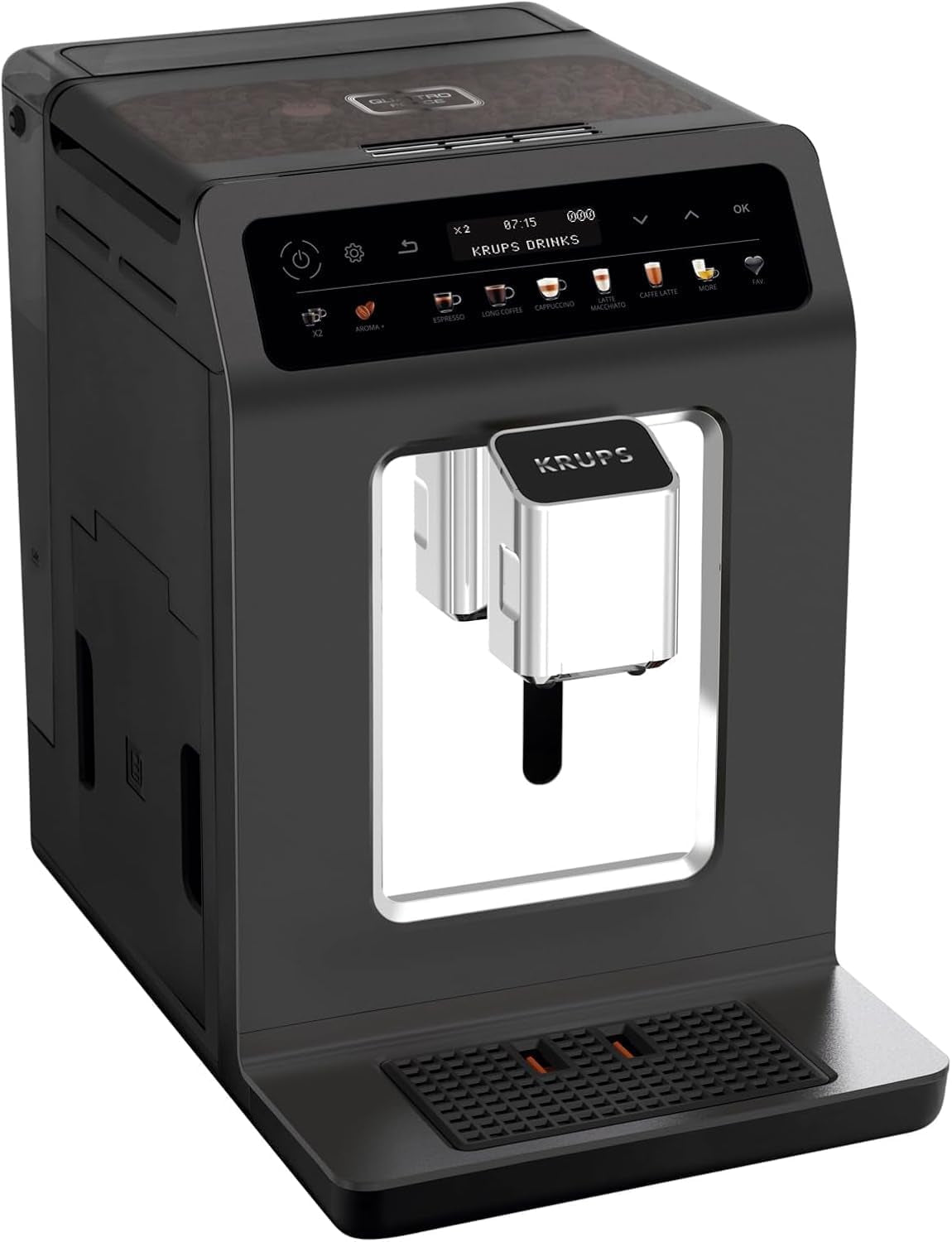 Machine à expresso automatique KRUPS Evidence One avec tuyau à lait, cappuccino à une touche, 12 boissons spéciales, fonction 2 tasses, écran couleur, machine à expresso, certificat TÜV, noir, EA895N10
