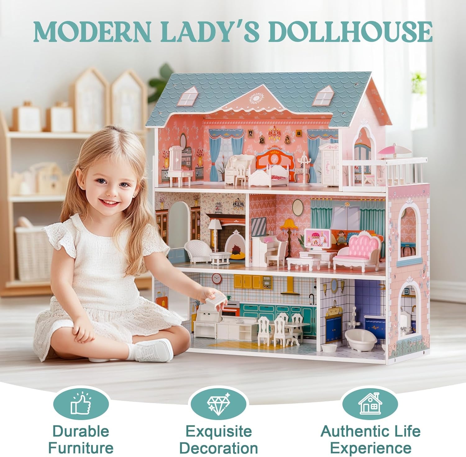ROBUD Maison de poupée en bois avec meubles et accessoires Maisons de filles Playhouse Jouet pour enfants