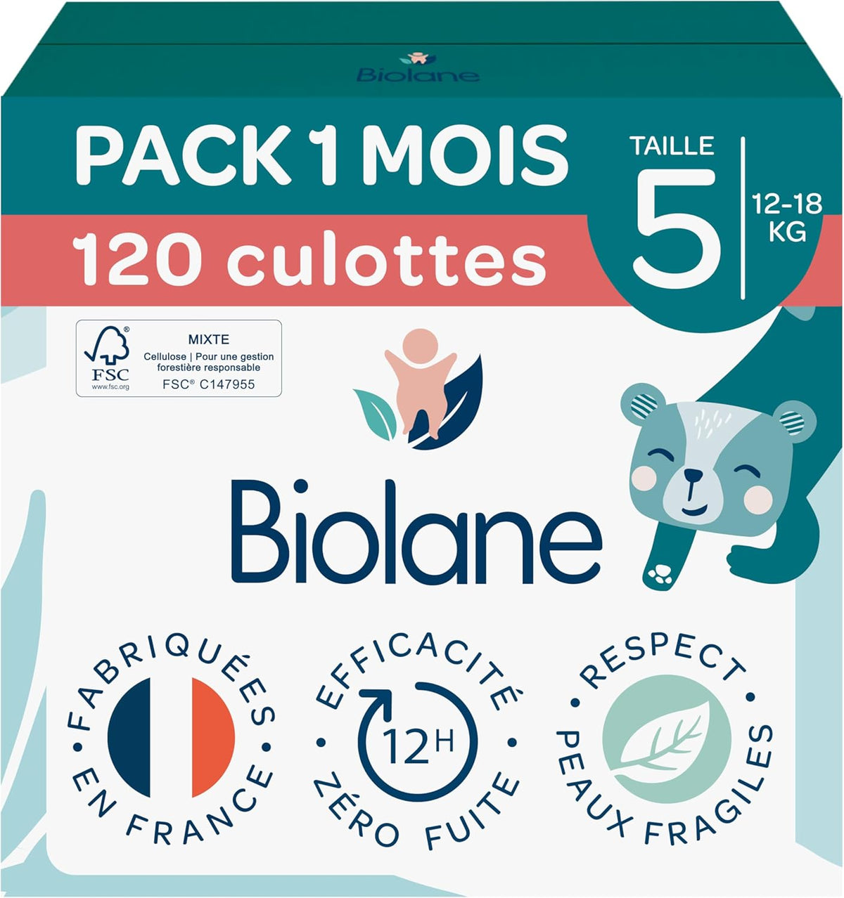 BIOLANE - Couches courtes - Taille 5 (12-18 kg) - étanchéité 12 heures - pack 1 mois - 120 couches - écologique