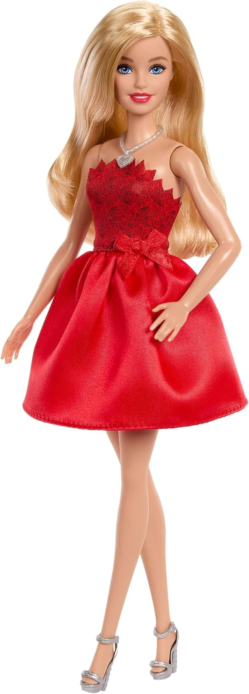 Mattel Rubinrote Blonde Barbie-Party-Modepuppe zum 80. Jubiläum roten Kleid mit silver Schuhen und Halskette, Sammelspielzeug, JGD25