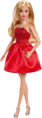 Mattel Rubinrote Blonde Barbie-Party-Modepuppe zum 80. Jubiläum roten Kleid mit silver Schuhen und Halskette, Sammelspielzeug, JGD25