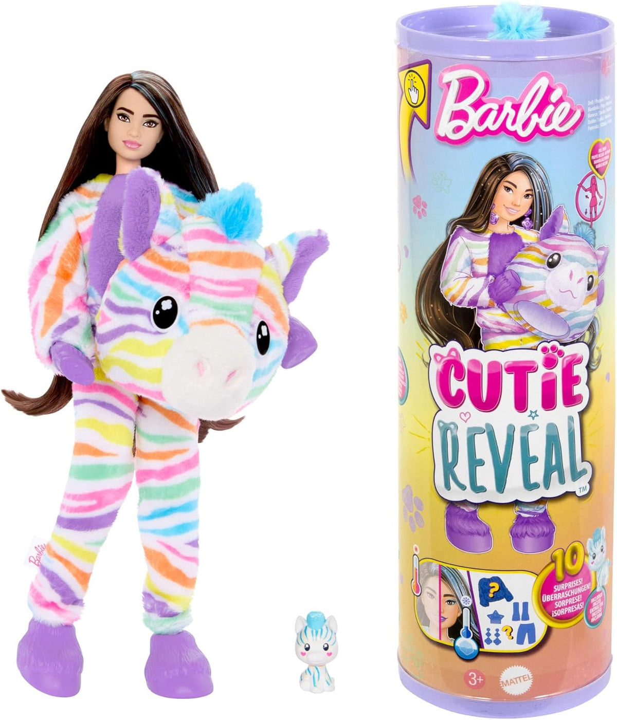 Barbie Cutie Reveal poupée et accessoires, tenue en peluche zèbre arc-en-ciel et 10 surprises changeantes de couleur, gamme Color Dream, HRK39