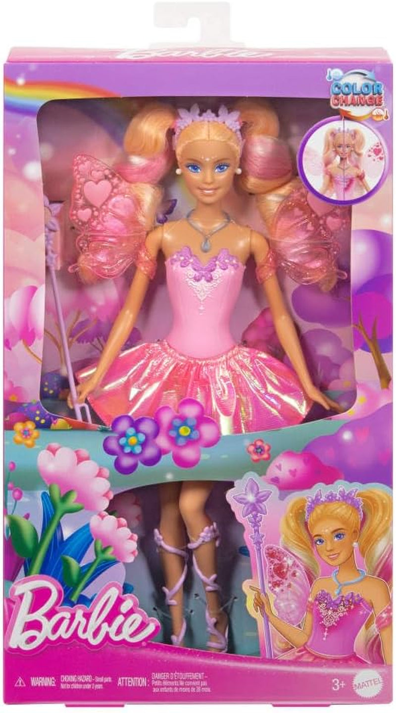 Barbie Fantasy Feenpuppe mit Farbwechsel Flügeln und Outfit, Spielzeugzauberstab mit und Mode Accessoires, JCP76