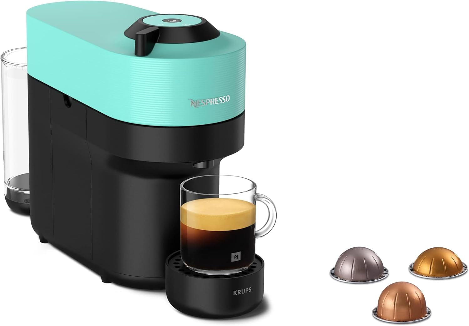 Machine à expresso avec capsules Nespresso Krups Vertuo Pop, capacité : 560 ml, reconnaissance automatique des capsules, système One Touch, 4 tailles de tasse, temps de chauffe raccourci, durable, Aqua Mint, XN9204