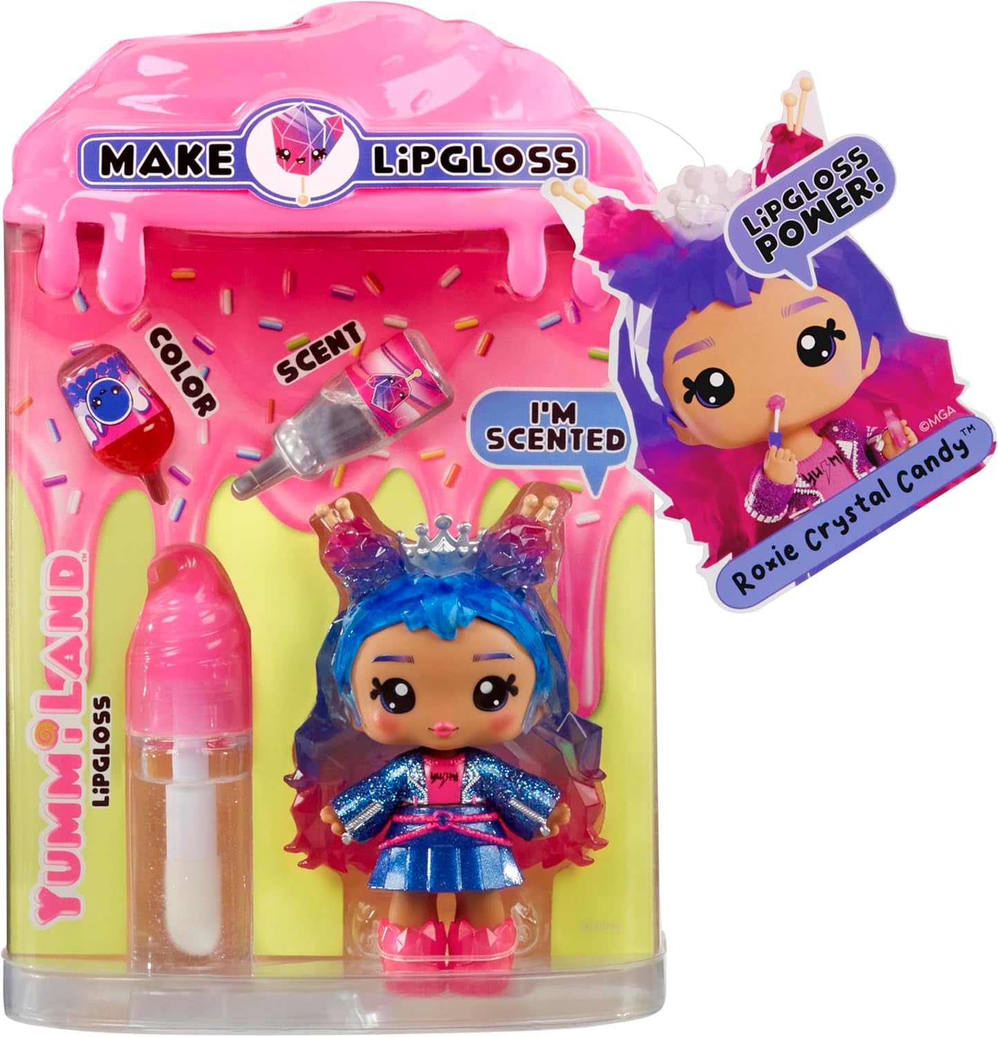 Yummiland Lip Gloss Doll - Roxie Crystal Candy - Y compris un kit de brillant à lèvres DIY, Geeignet für Kinder ab 4 Jahren, Rosa, série 2
