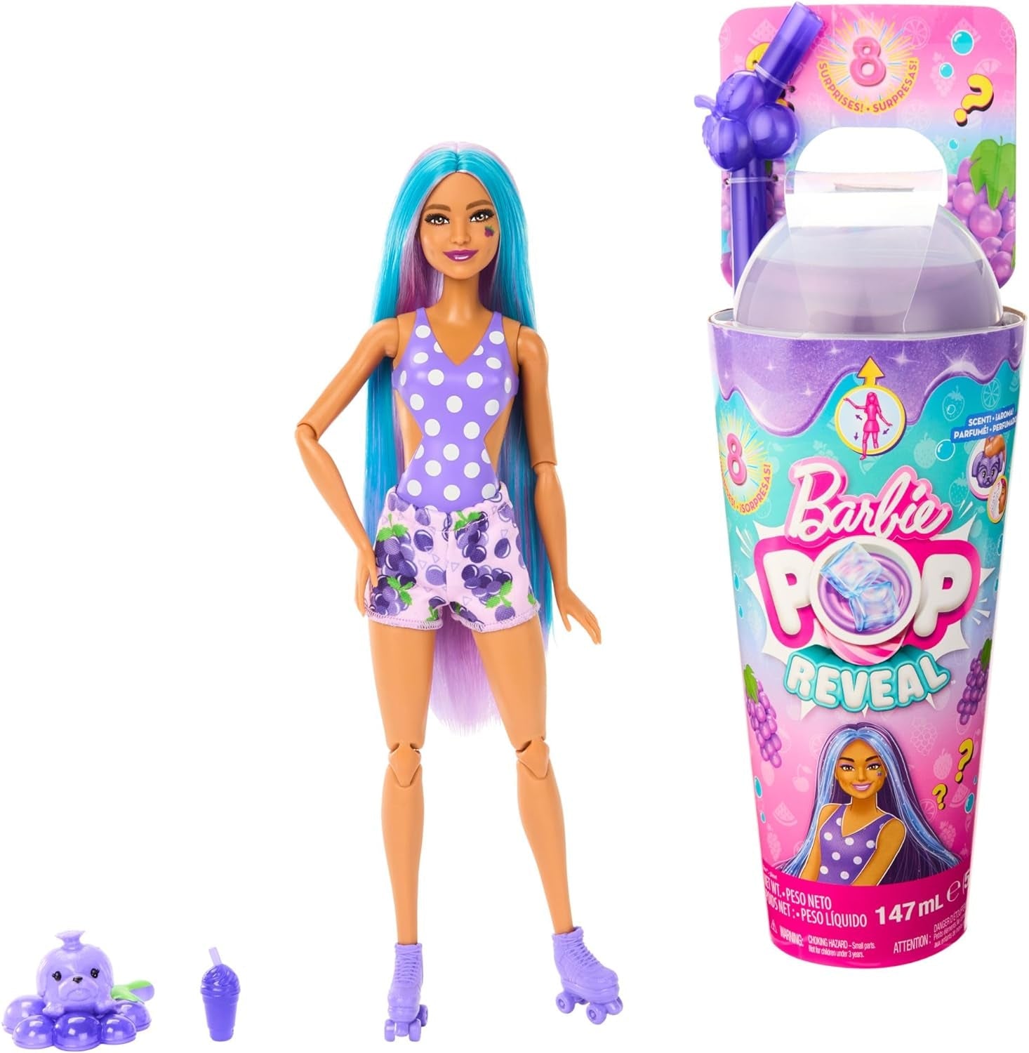 Barbie Pop Reveal Fruit - Überraschungspuppen mit 8 fruchtigen Überraschungen, inklusive beweglicher Puppe mit Erdbeerlimonadenduft und Squishy-Hündchen, ab 3 Jahren, HNW41