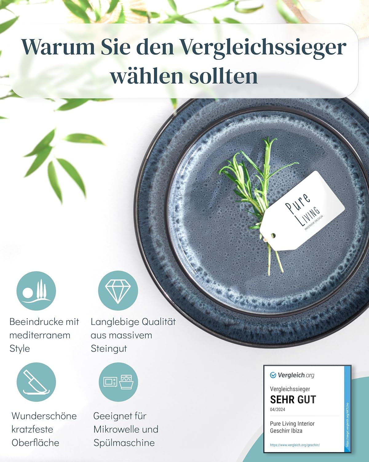 Service de table 18 pièces en grès cérame pour 6 personnes, design Ibiza, GAGNANT DU TEST. Un magnifique ensemble de vaisselle méditerranéenne en grès céramique comprenant des bols et des assiettes. Service de table Pure Living en bleu fumé.