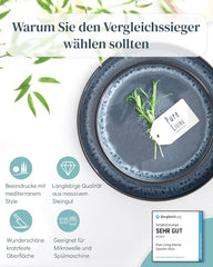 Service de table 18 pièces en grès cérame pour 6 personnes, design Ibiza, GAGNANT DU TEST. Un magnifique ensemble de vaisselle méditerranéenne en grès céramique comprenant des bols et des assiettes. Service de table Pure Living en bleu fumé.